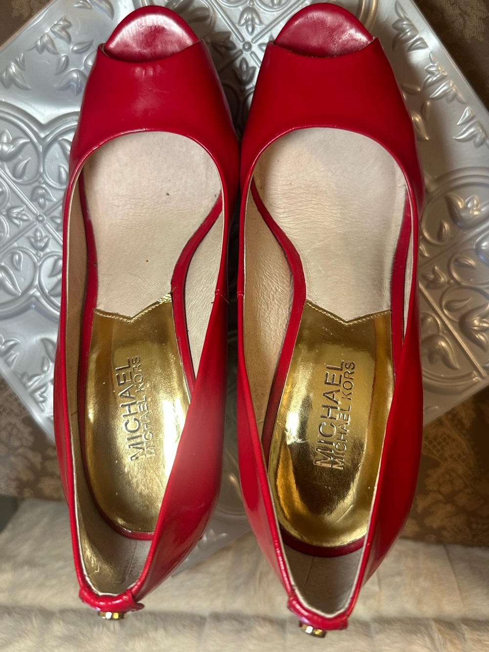 MICHAEL Michael Kors Adalia Red Patent Striped Platform Wedge Heels Size 8 - Picture 4 of 10